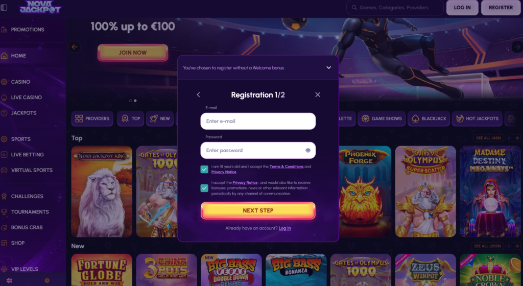 NovaJackpot casino registration