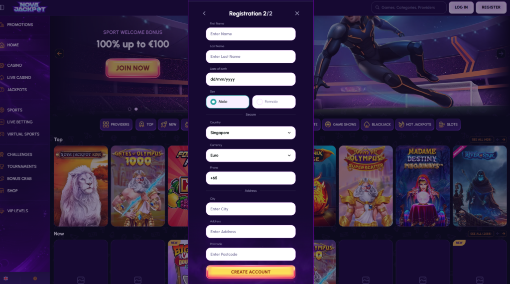 NovaJackpot casino Registration