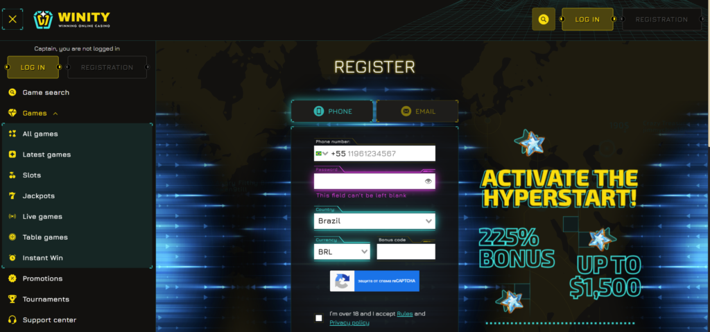 Winity Casino register