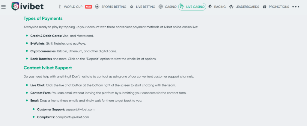 Types of Payments ivibet casino