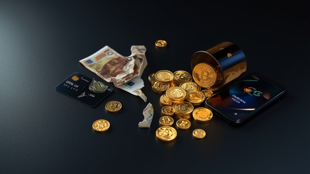 A broken bank card and crumpled euro notes on one side, gold crypto coins flowing into a wallet on the other