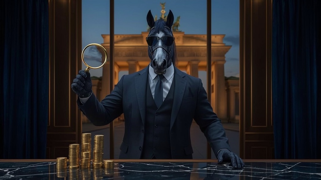 Der CasinoRevizor-Prüfer mit Lupe und Krypto-Münzen vor dem Brandenburger Tor