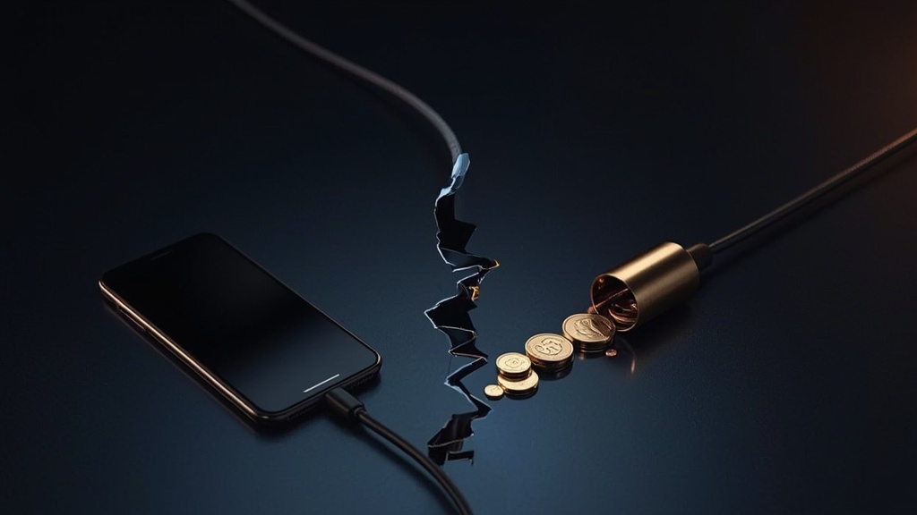 Telefon z wygaszonym ekranem i przecięty kabel, obok osobnym kanałem swobodnie płyną złote monety