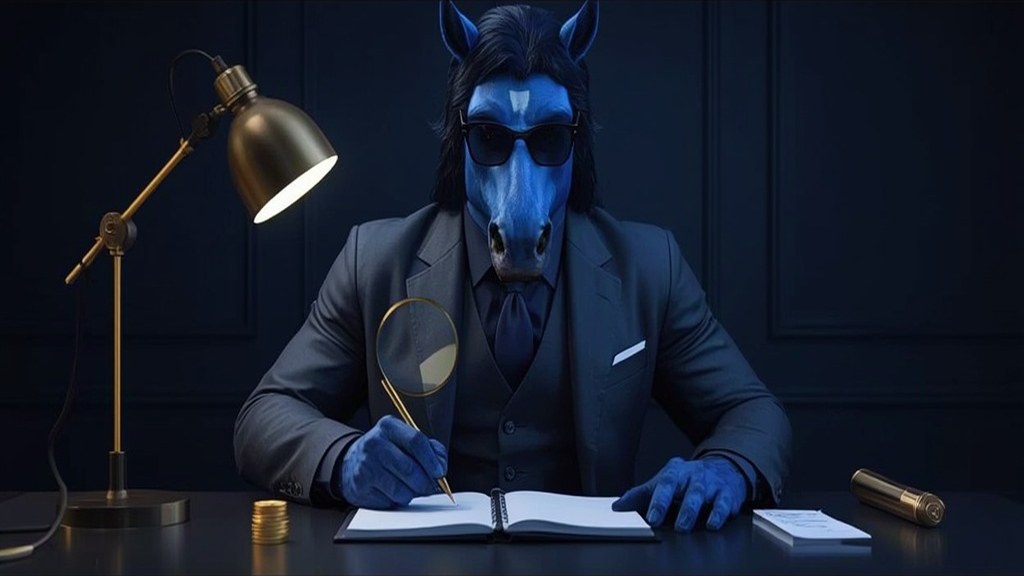 Blue horse mascot keeping two separate stacks of coins recorded in a ledger