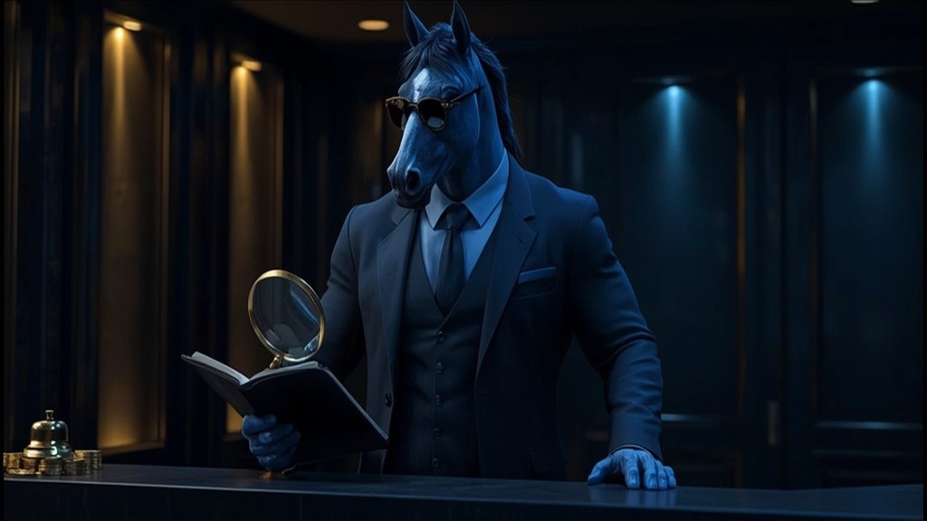 Blue horse mascot recording support response times at a reception counter