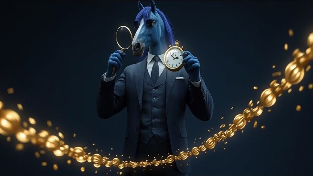 Blue horse mascot timing a stream of gold coins with a large brass stopwatch