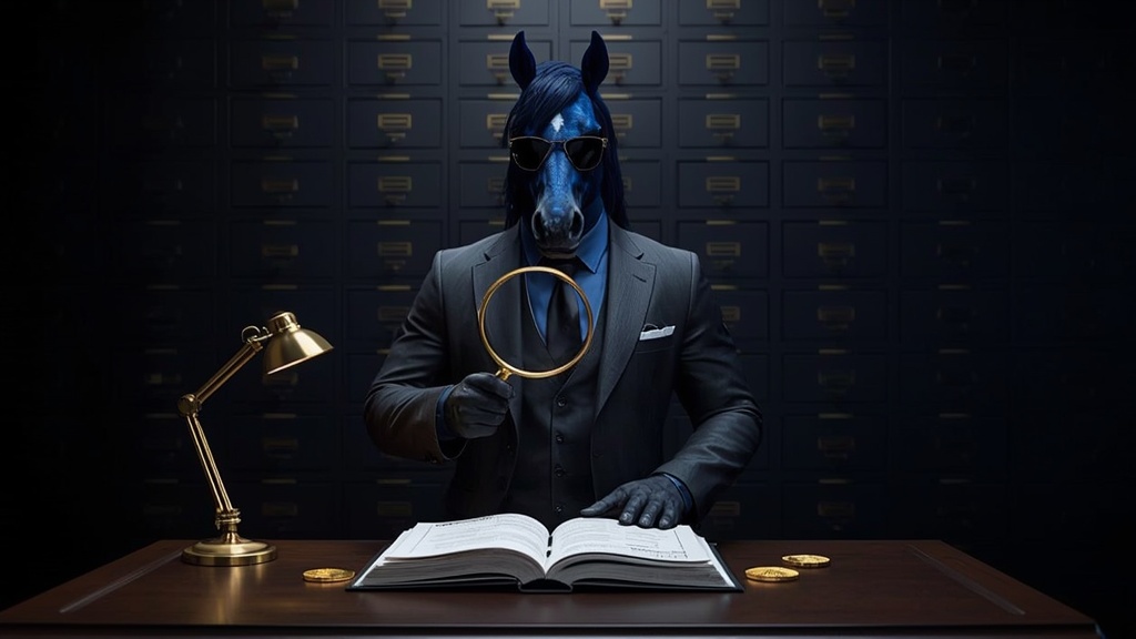 Blue horse mascot in a navy three-piece suit examining a licence register with a magnifying glass