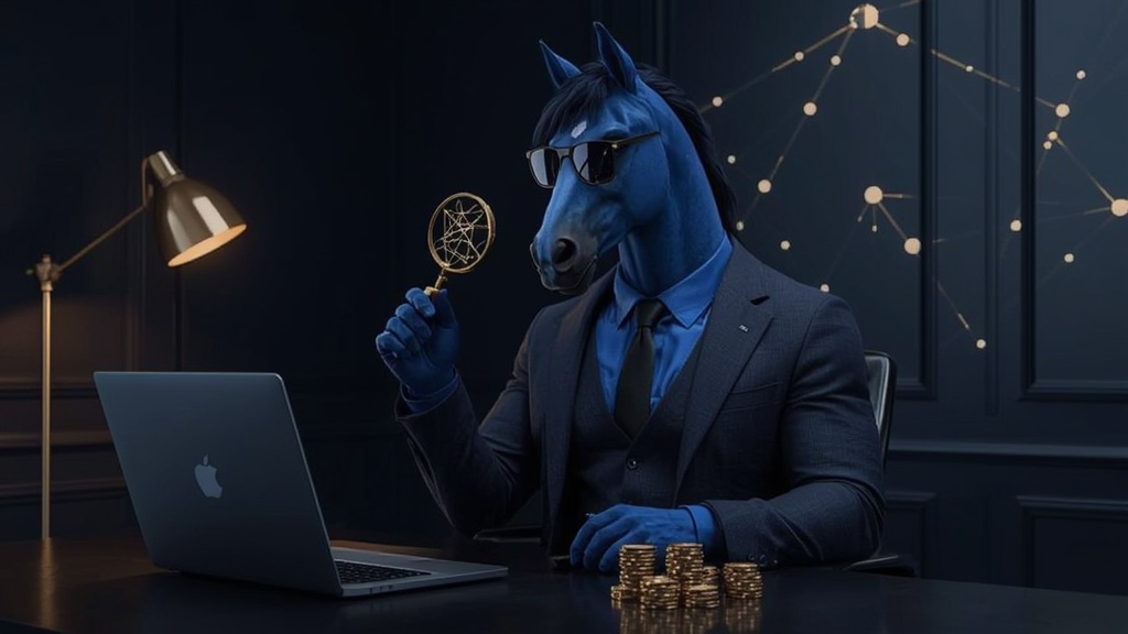 Blue horse mascot inspecting an Ethereum coin beside a laptop showing a network diagram