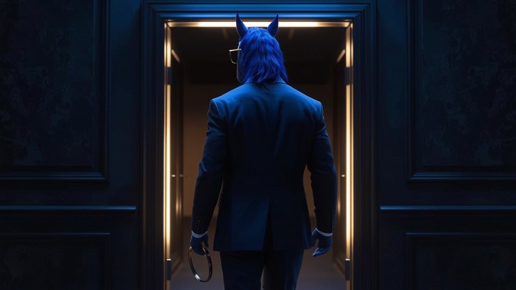 Blue horse mascot deliberately walking away from a lit casino doorway