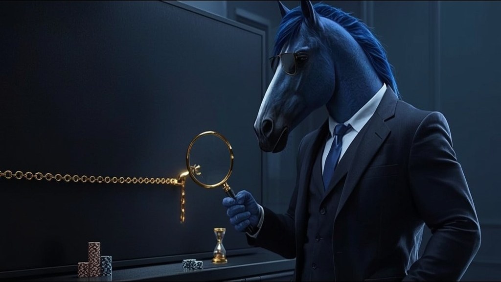 Blue horse mascot examining the weakest link in a long chain representing wagering terms