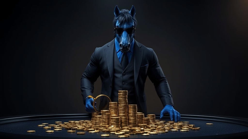 Blue horse mascot looking down at a toppled and scattered stack of casino chips