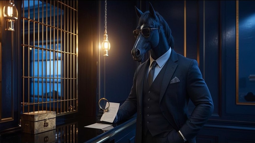 Blue horse mascot in a suit presenting a written claim at a closed casino cashier window