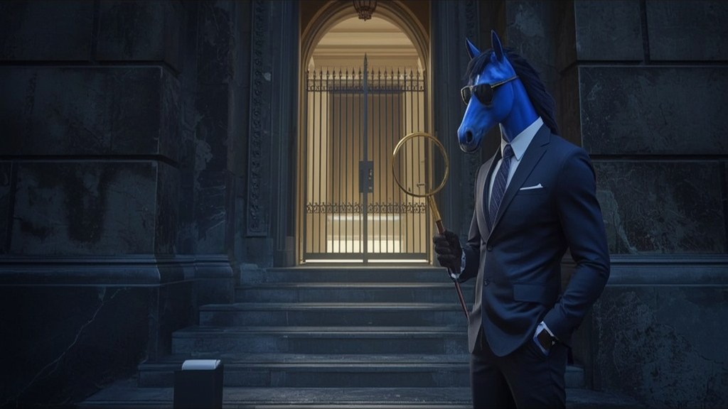 Blue horse mascot showing an open first doorway and a closed second gate beyond it